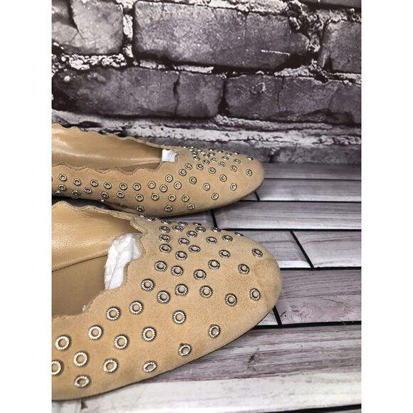Chloe Beige Suede Leather Scalloped Perforated Stud Ballet Flats Women Sz 40EU/9 - Picture 2 of 16